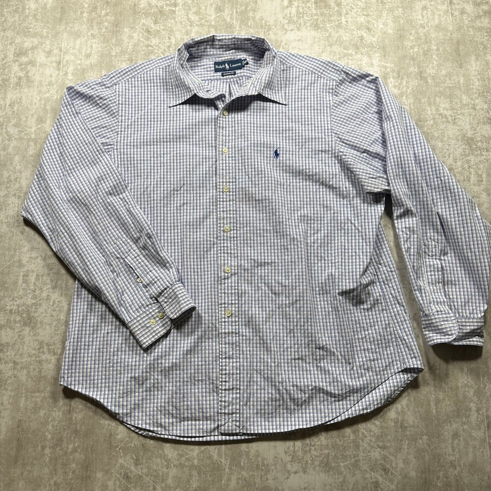 Ralph Lauren Button Down Shirt Men XXL Blue White Plaid Classic Fit Long Sleeve